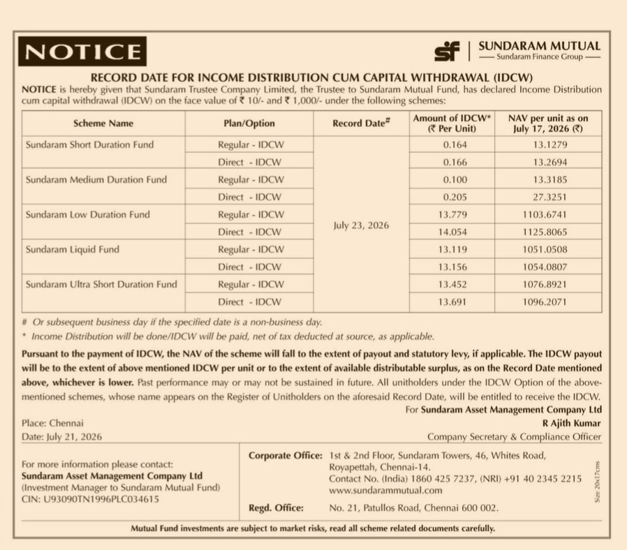 Sundaram Mutual Fund IDCW Notice (July 2026)