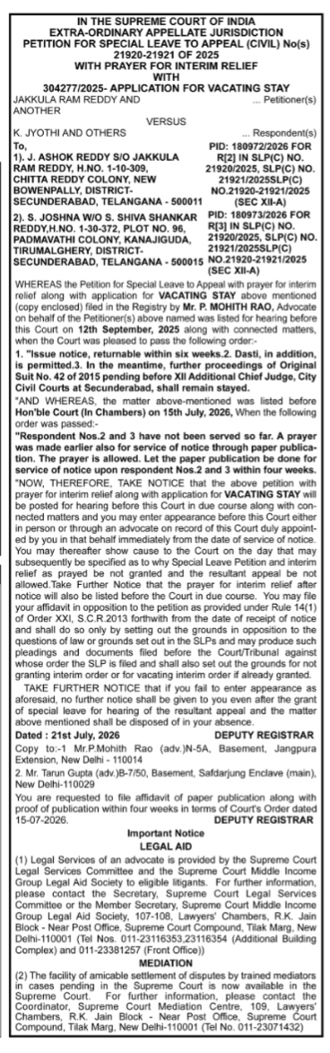 Supreme Court Notice for Special Leave to Appeal (Civil) with Application for Vacating Stay