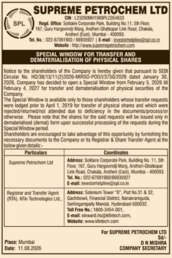 Supreme Petrochem Ltd Notice: Special Window for Transfer and Dematerialisation of Physical Shares