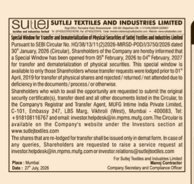 Sutlej Textiles Special Window Notification for Physical Share Transfer and Dematerialization