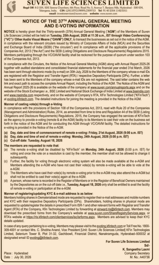 Suven Life Sciences Limited 37th AGM and E-Voting Notice