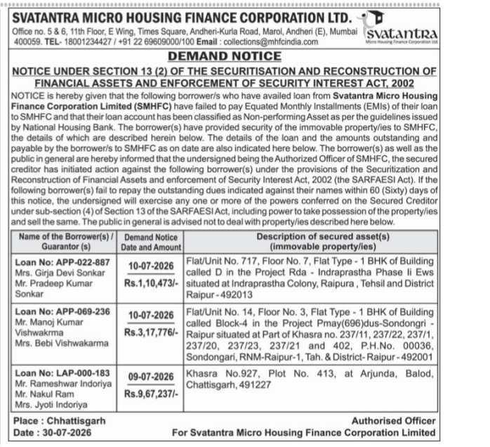 Svatantra Micro Housing Finance Corporation Ltd. - Demand Notice (30-07-2026)
