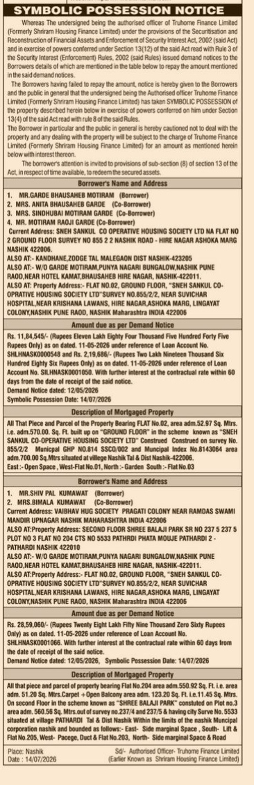 SYMBOLIC POSSESSION NOTICE FROM TRUHOME FINANCE LIMITED