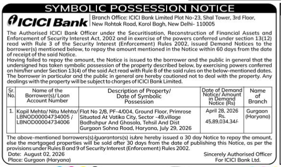 Symbolic Possession Notice - Kapil Mehta & Nitu Mehta (Vatika City).