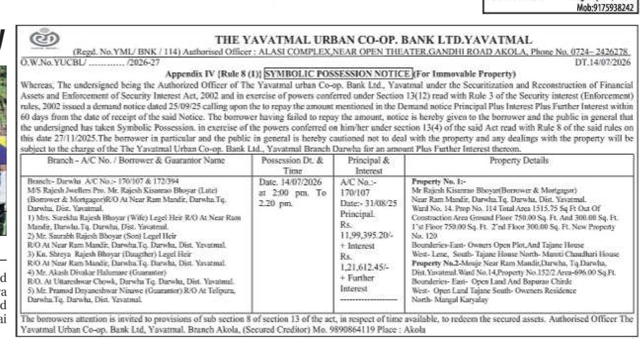 Symbolic Possession Notice of The Yavatmal Urban Co-op. Bank Ltd.