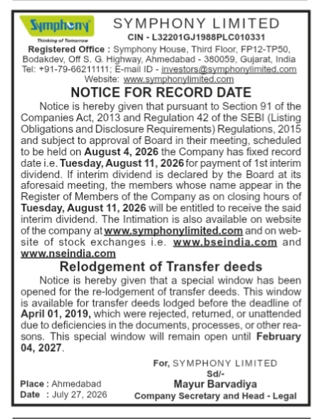 Symphony Limited: Notice for Record Date and Relodgement of Transfer Deeds (July 2026)