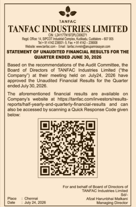 TANFAC Industries Q1 FY2026-27 Financial Results Notice