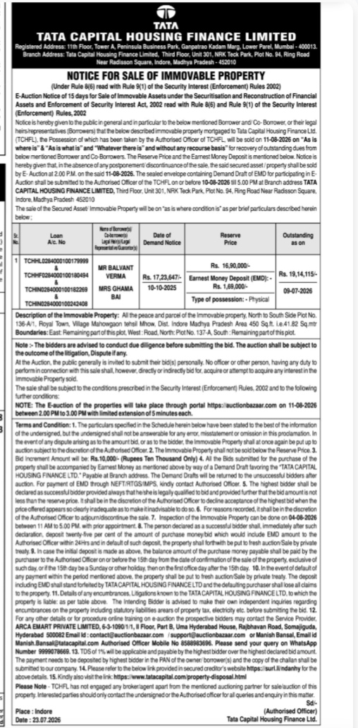 Tata Capital Housing Finance Auction Notice