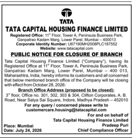 Tata Capital Housing Finance Branch Closure Public Notice (Indore Branch)