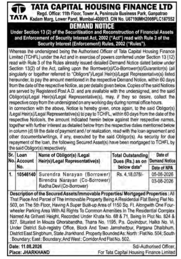 Tata Capital Housing Finance Ltd. Demand Notice for Surendra Narayan