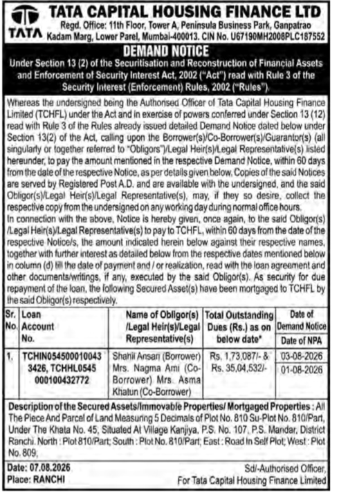 Tata Capital Housing Finance Ltd. Demand Notice