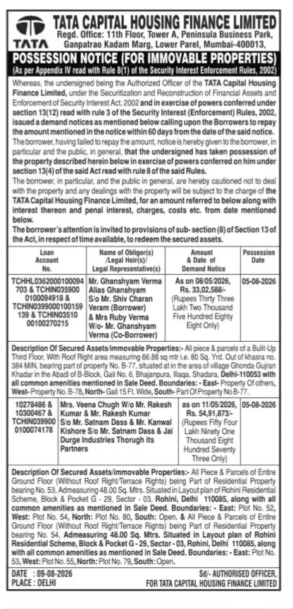 Tata Capital Possession Notice: Delhi Properties (August 2026)