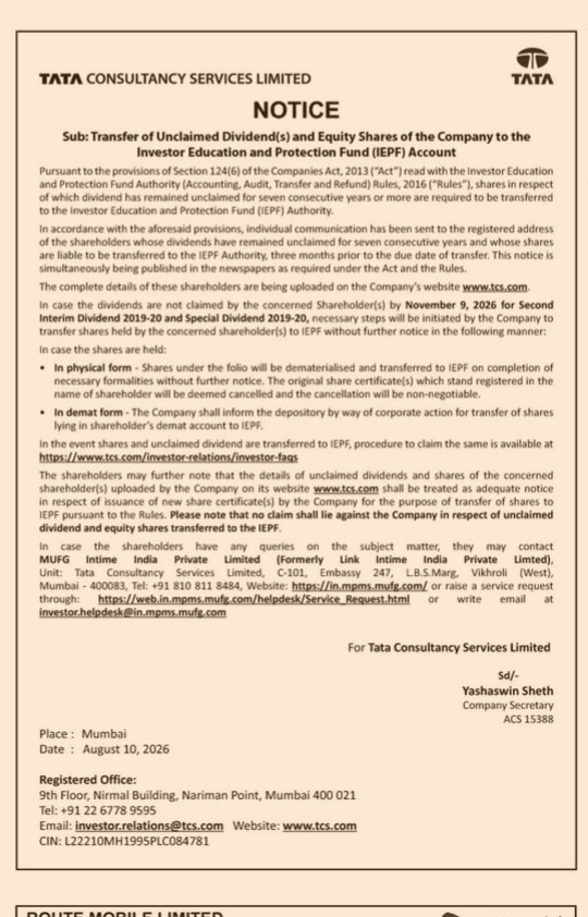 Tata Consultancy Services Limited Notice on Transfer of Unclaimed Dividends and Shares to IEPF