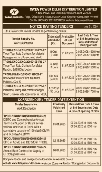 Tata Power-DDL Notice Inviting Tenders and Corrigendum