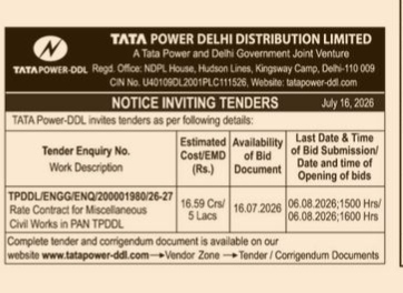 TATA Power-DDL Notice Inviting Tenders (July 16, 2026)