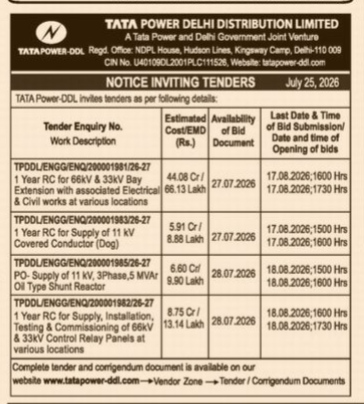 TATA Power-DDL Notice Inviting Tenders (July 25, 2026)