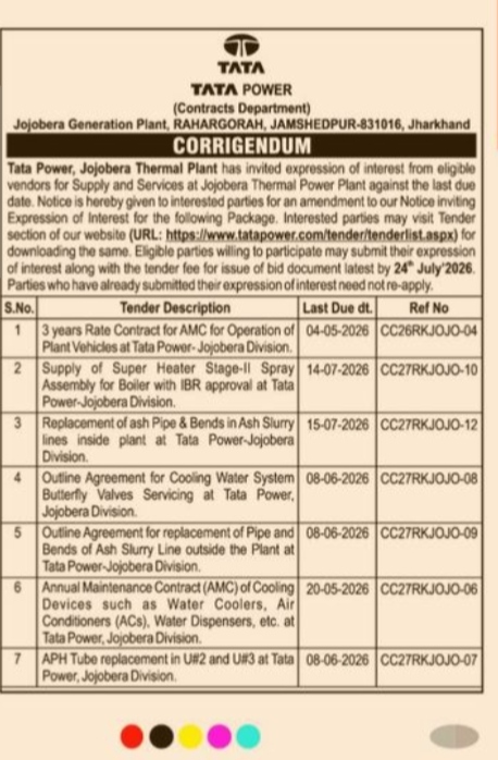 Tata Power Jojobera Plant Tender Corrigendum (July 2026)