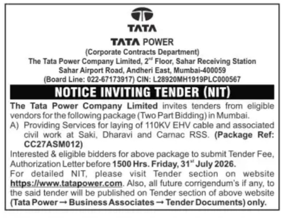 Tata Power Notice Inviting Tender for EHV Cable Laying Services