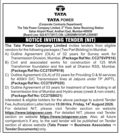 Tata Power Notice Inviting Tender (NIT) – August 2026