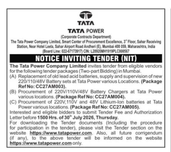 Tata Power Notice Inviting Tender (NIT) for Battery and Charger Packages