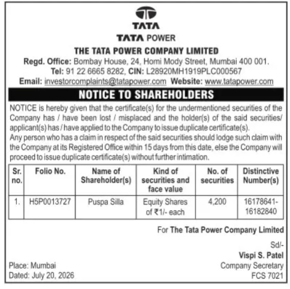 Tata Power Shareholder Notice: Lost Share Certificates (July 2026)