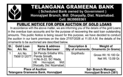 Telangana Grameena Bank Gold Loan Auction Notice