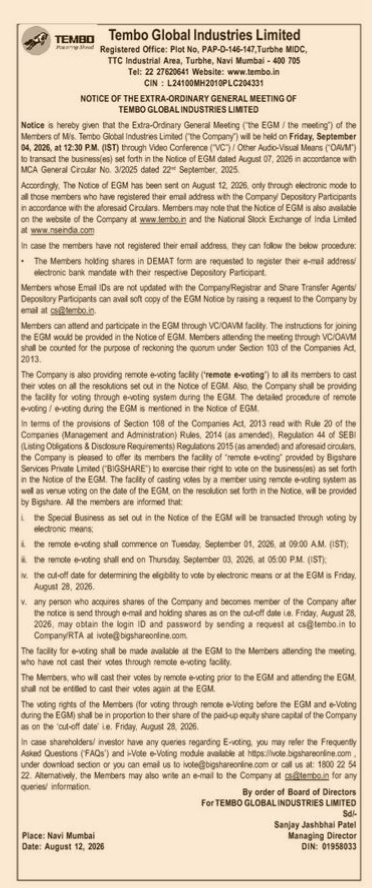Tembo Global Industries Limited Extra-Ordinary General Meeting (EGM) Notice