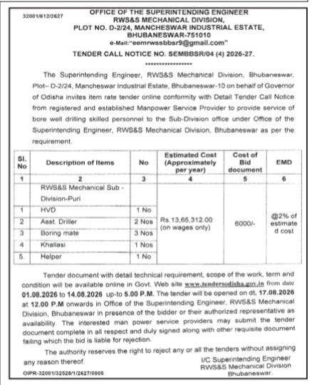 Tender Call Notice for Manpower Services (RWS&S Mechanical Division, Bhubaneswar)