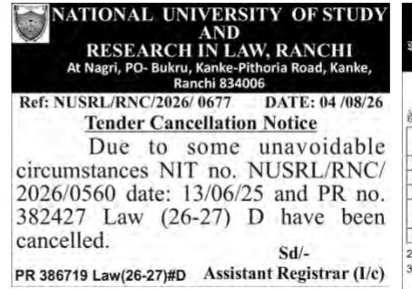 Tender Cancellation Notice: National University of Study and Research in Law, Ranchi