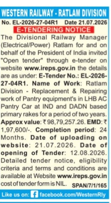 Tender for Pantry Equipment Repair in Ratlam Division