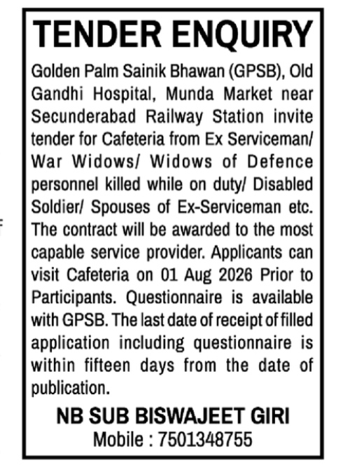 Tender Invitation for Cafeteria Contract at Golden Palm Sainik Bhawan