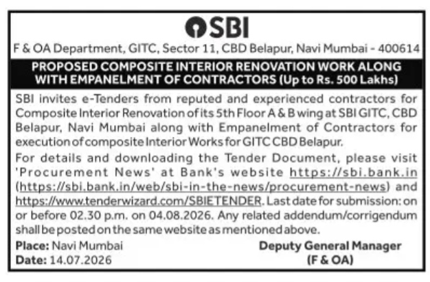 TENDER INVITATION FROM STATE BANK OF INDIA