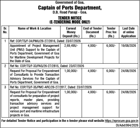 Tender Notice: Captain of Ports Department, Government of Goa.