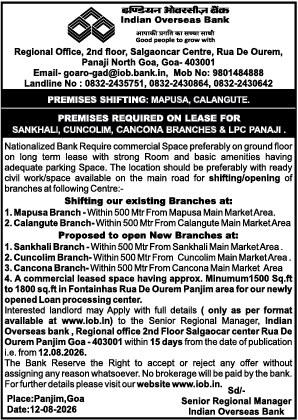 Tender Notice: Commercial Space Required for Indian Overseas Bank