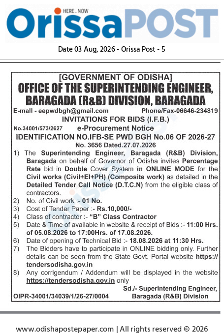 Tender Notice for Baragada (R&B) Division Civil Works (2026-27)