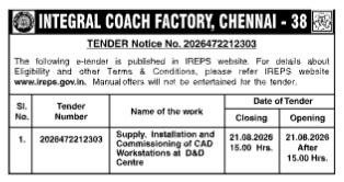 Tender Notice for CAD Workstations (ICF Chennai)