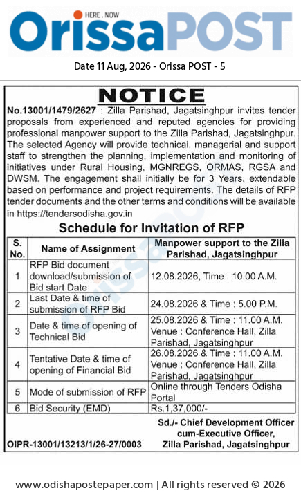 Tender Notice for Manpower Support at Zilla Parishad, Jagatsinghpur