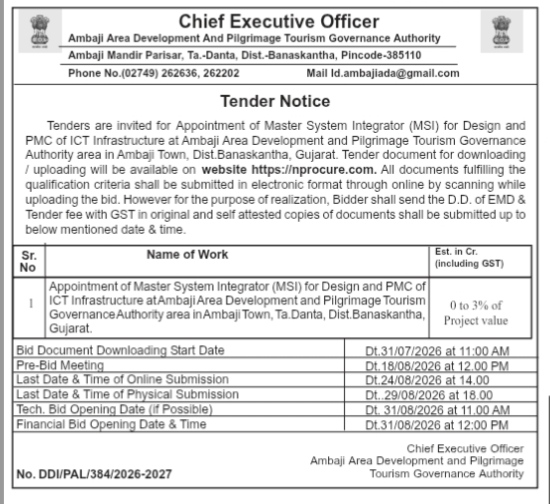 Tender Notice for Master System Integrator (MSI) Selection - Ambaji Area Development