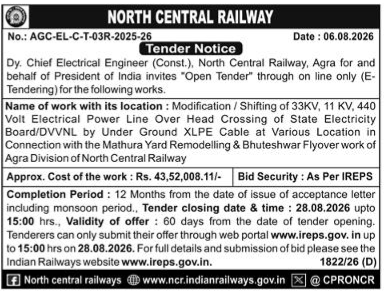Tender Notice for Mathura Yard Remodelling & Bhuteshwar Flyover (Agra Division)