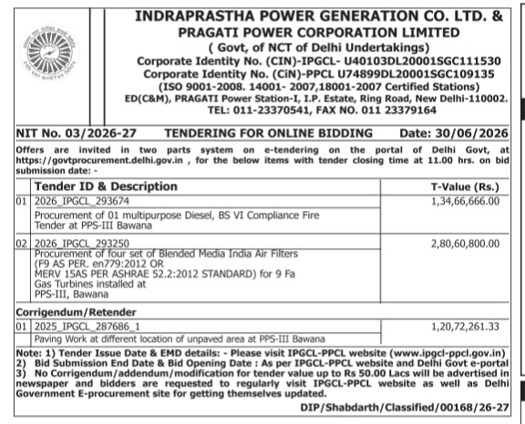 Tender Notice for Online Bidding (NIT No. 03/2026-27) by Indraprastha Power Generation Co. Ltd. & Pragati Power Corporation Limited