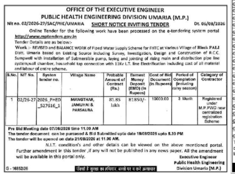 Tender Notice for Piped Water Supply Scheme in Pali Block, Umaria (M.P.)