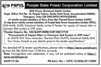 Tender Notice for Procurement of Impact Idlers by PSPCL / GATP