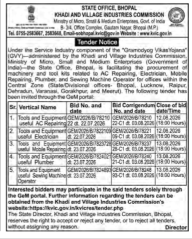 Tender Notice for Procurement of Tools and Equipment (Khadi and Village Industries Commission, Bhopal)