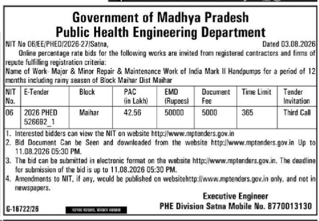 Tender Notice for Repair and Maintenance of India Mark II Handpumps in Maihar Block