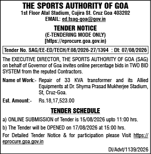 Tender Notice for Repair of 33 KVA Transformer at Dr. Shyma Prasad Mukherjee Stadium by The Sports Authority of Goa