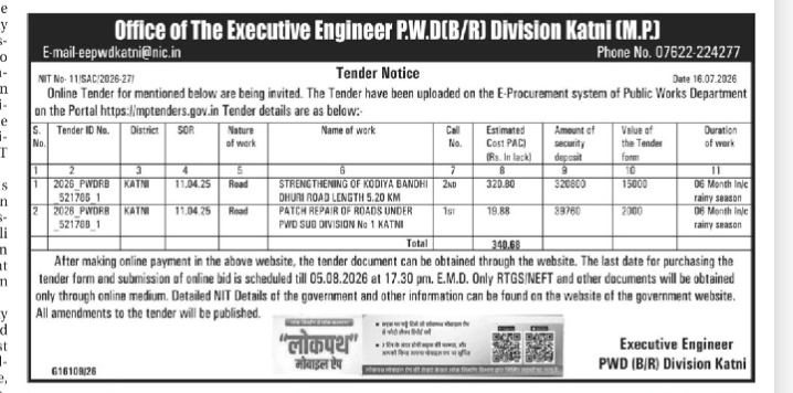 Tender Notice for Road Works - P.W.D. (B/R) Division Katni (M.P.)