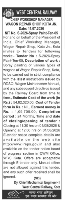 Tender Notice for Spray Painting of Wagons at Wagon Repair Shop, Kota Jn