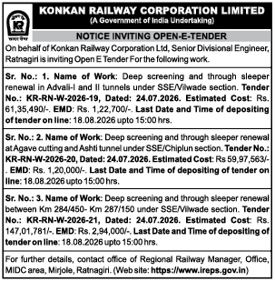 Tender Notice for Track Screening & Sleeper Renewal - Ratnagiri
