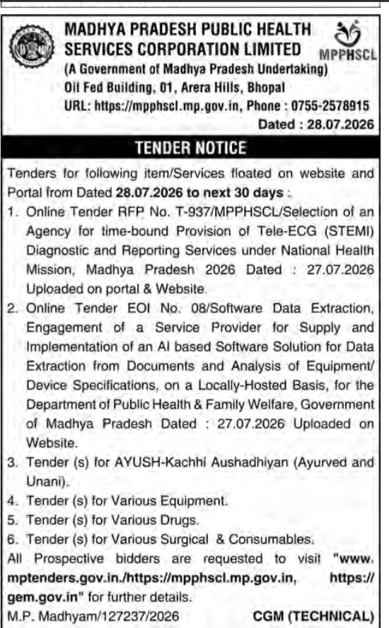 Tender Notice: Madhya Pradesh Public Health Services Corporation Limited