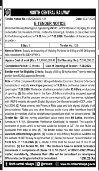 Tender Notice: North Central Railway (Tender No. 5820262027-128)